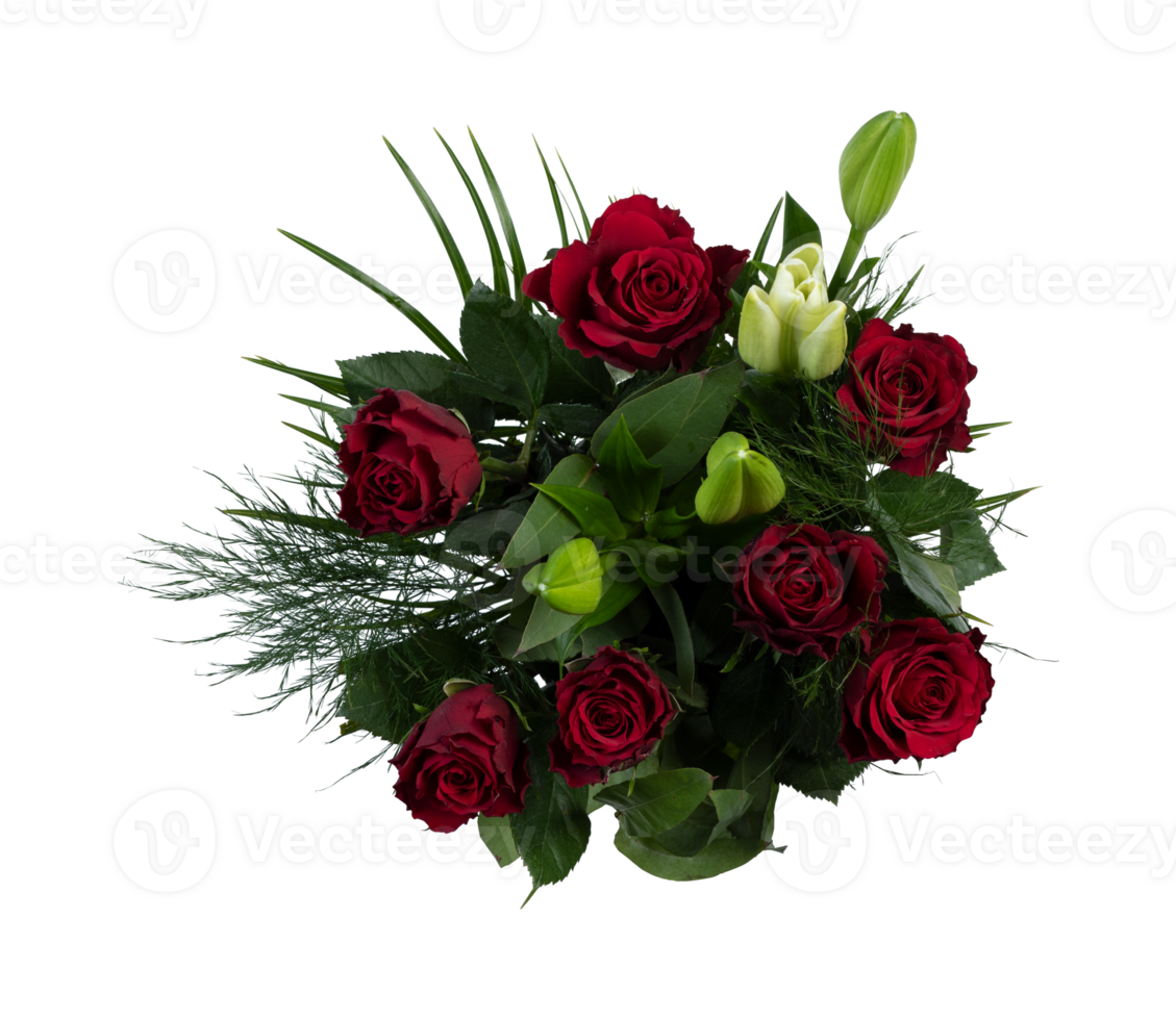 Bouquet of red roses top view cut out isolated transparent background png