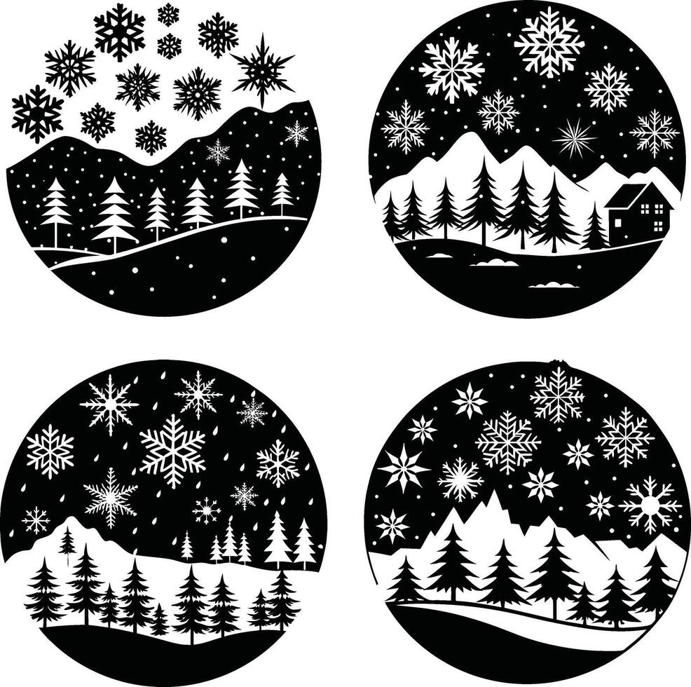 Snowy Tree Decor Scene Silhouette Pack vector