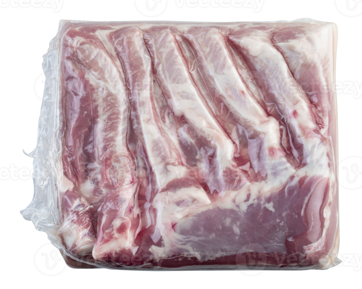 Fresh pork ribs in plastic bag cut out isolated transparent background png