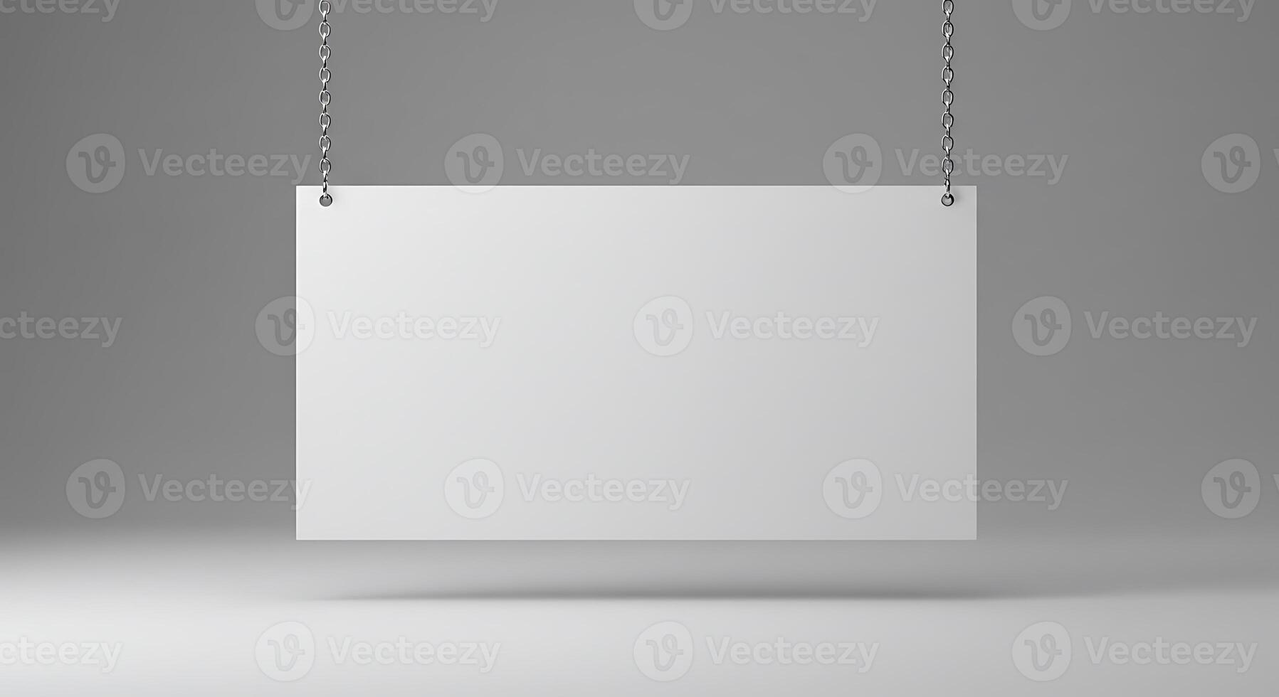 Hanging Empty Sign Mockup with Metal Chain on Gray Background photo