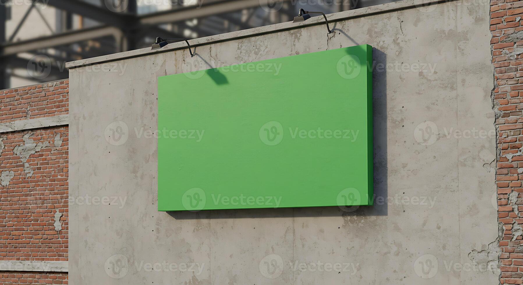 Green Billboard on Concrete Wall in Urban Environment Display Template photo