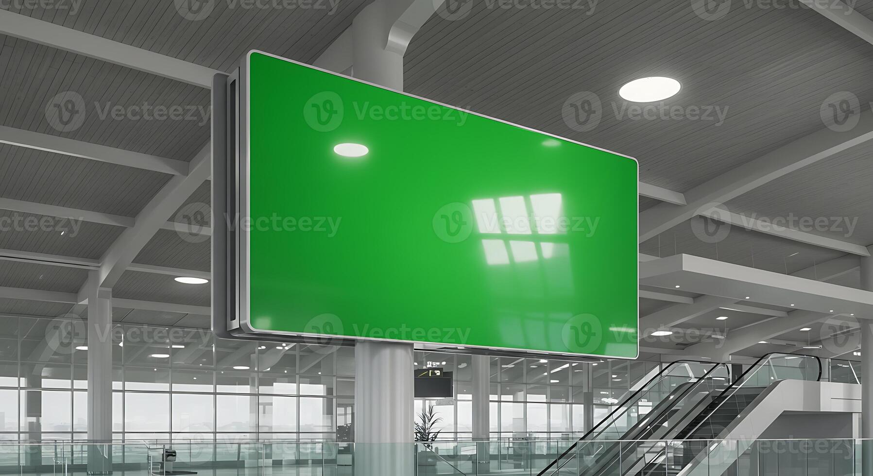 Green Screen Billboard in a Modern Airport Terminal Interior Setting photo
