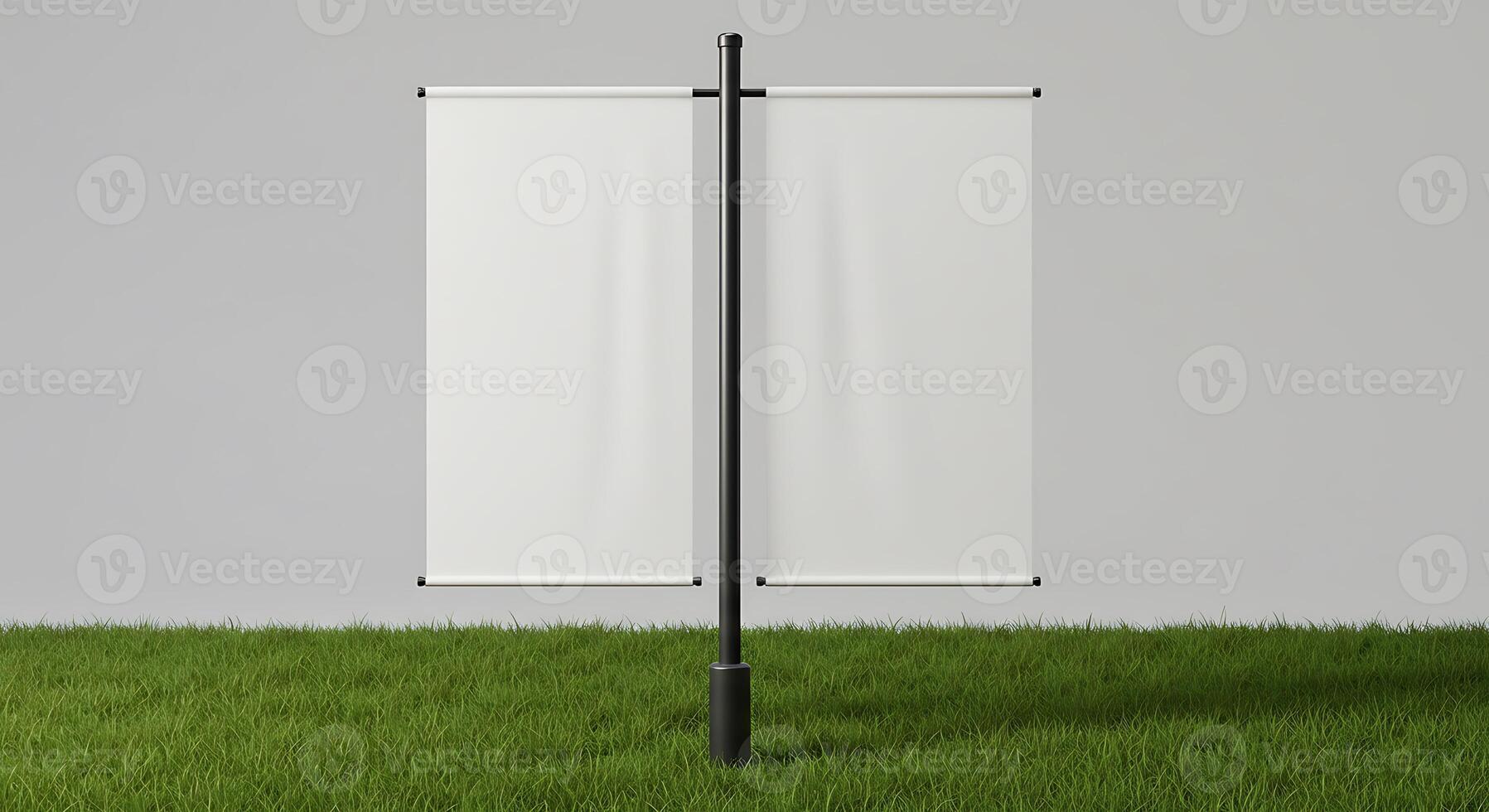 Two Blank Banners on Stand Displayed Outdoors in Green Grass photo