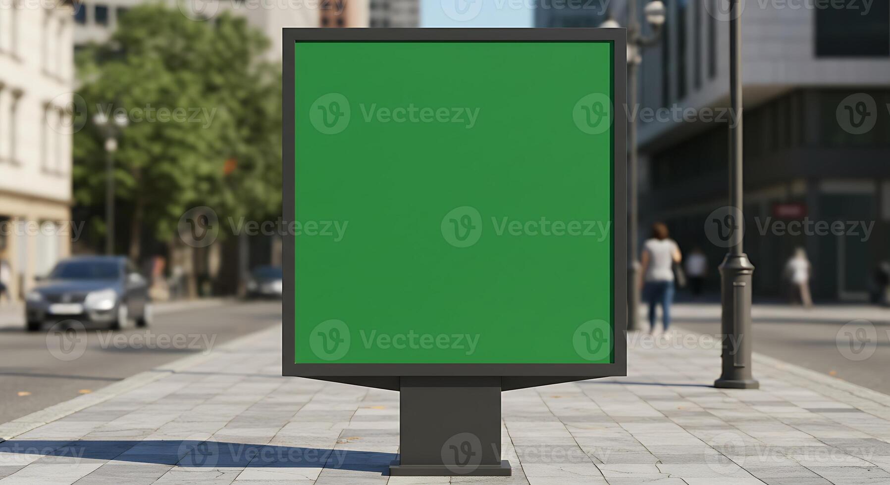 Blank Advertisement Billboard with Green Screen on City Sidewalk photo
