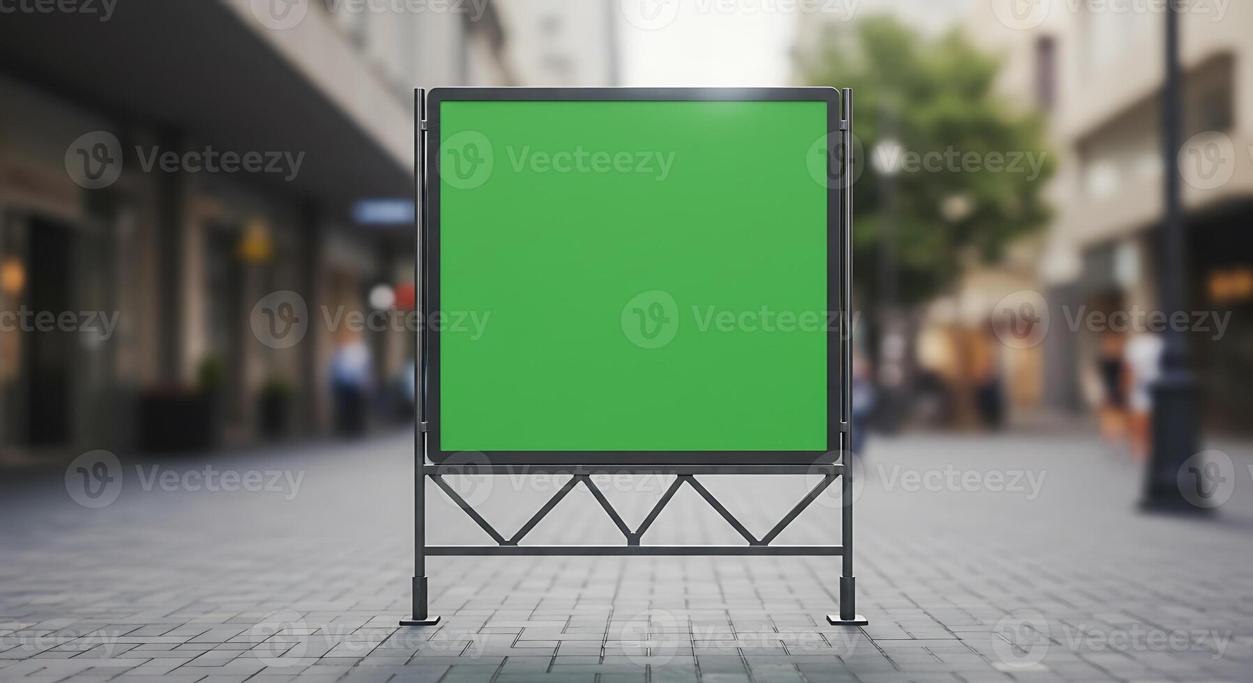 Blank Green Screen Billboard on Sidewalk in City Street Scene photo
