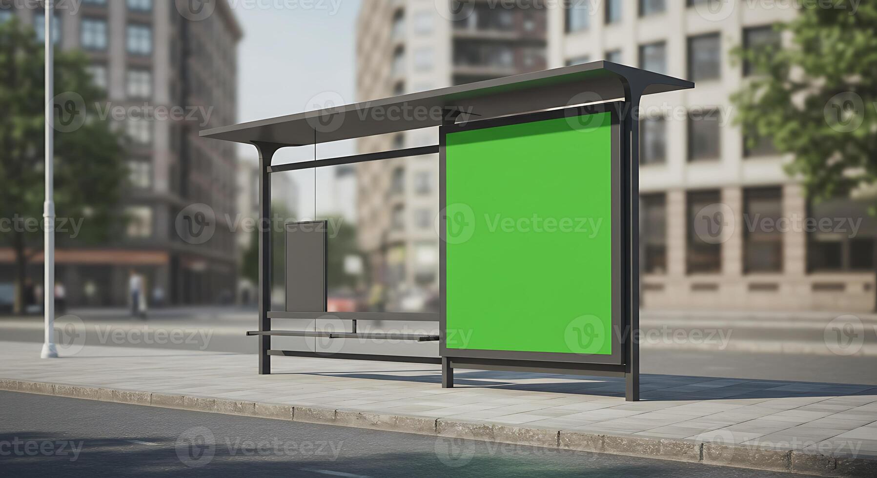 City Bus Stop with Green Advertisement Space Along Urban Street photo