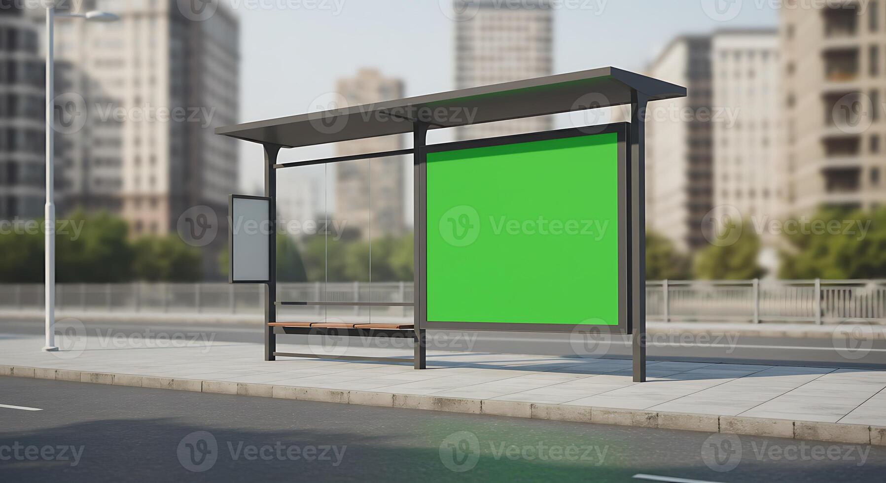 Modern Bus Stop Shelter with Green Screen Display in Urban Setting photo