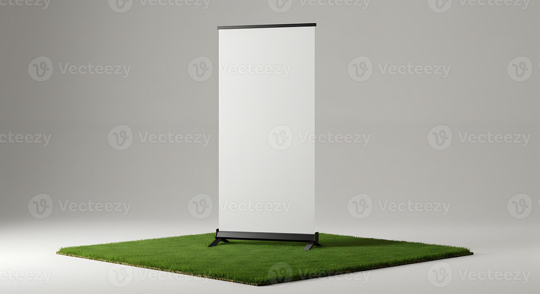Blank Display Stand on Green Grass for Advertisement Mockup photo