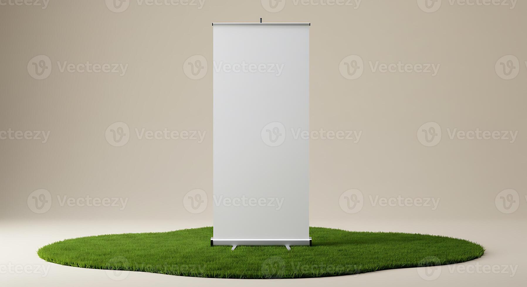 Blank Roll-up Banner Stands Tall on a Green Grassy Platform photo