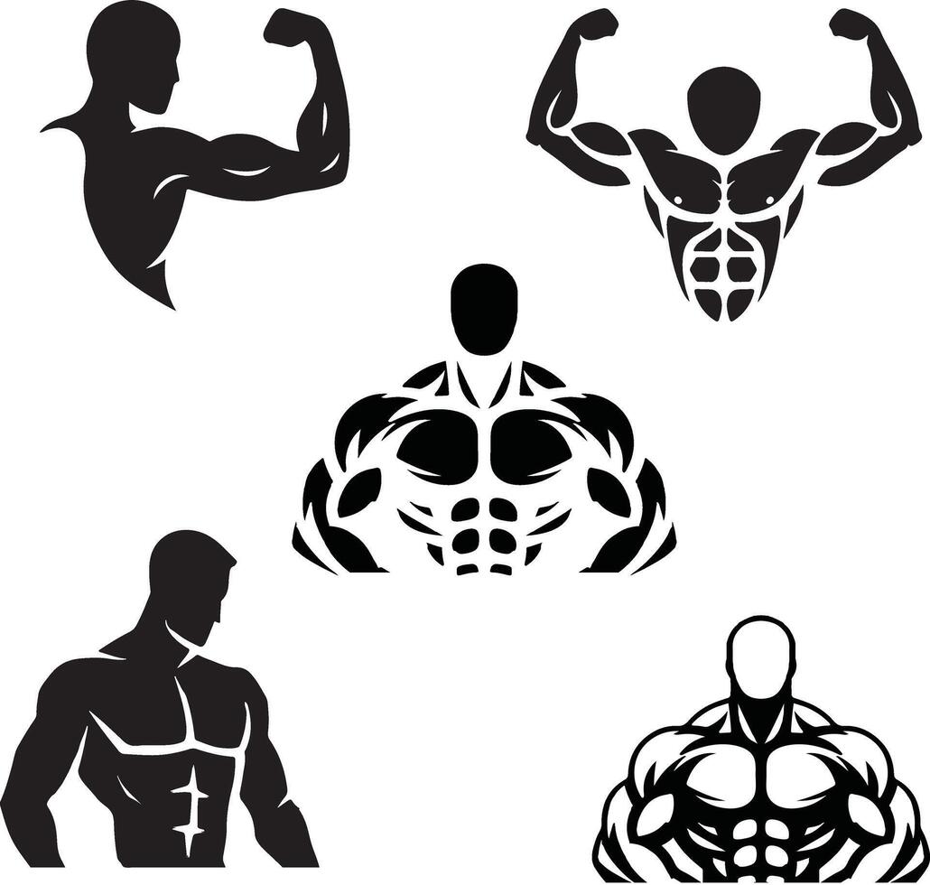 illustration design of a set of logos and icons for a fitness and strength center with a white background. vector