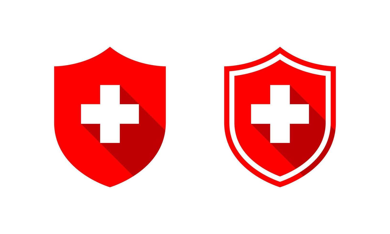 Medical shield protection icon with long shadow. Protect, healthy badge sign symbol vector