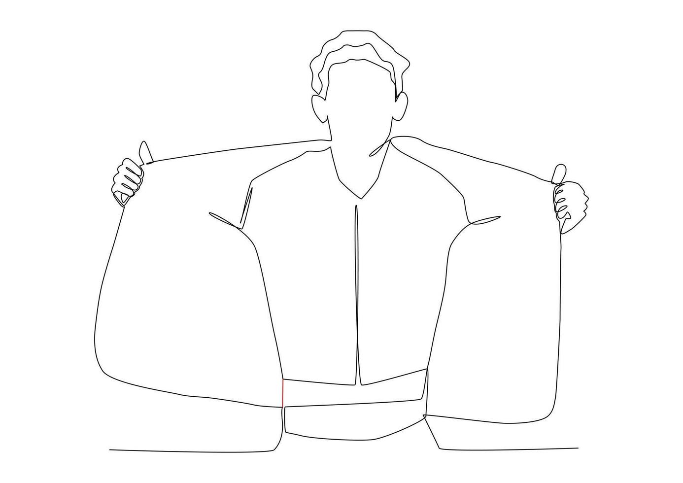 Continuous one line art of a man is standing opening his jacket. The concept of an open heart, kindness, empathy, support, comfort. It can be used for animation. vector