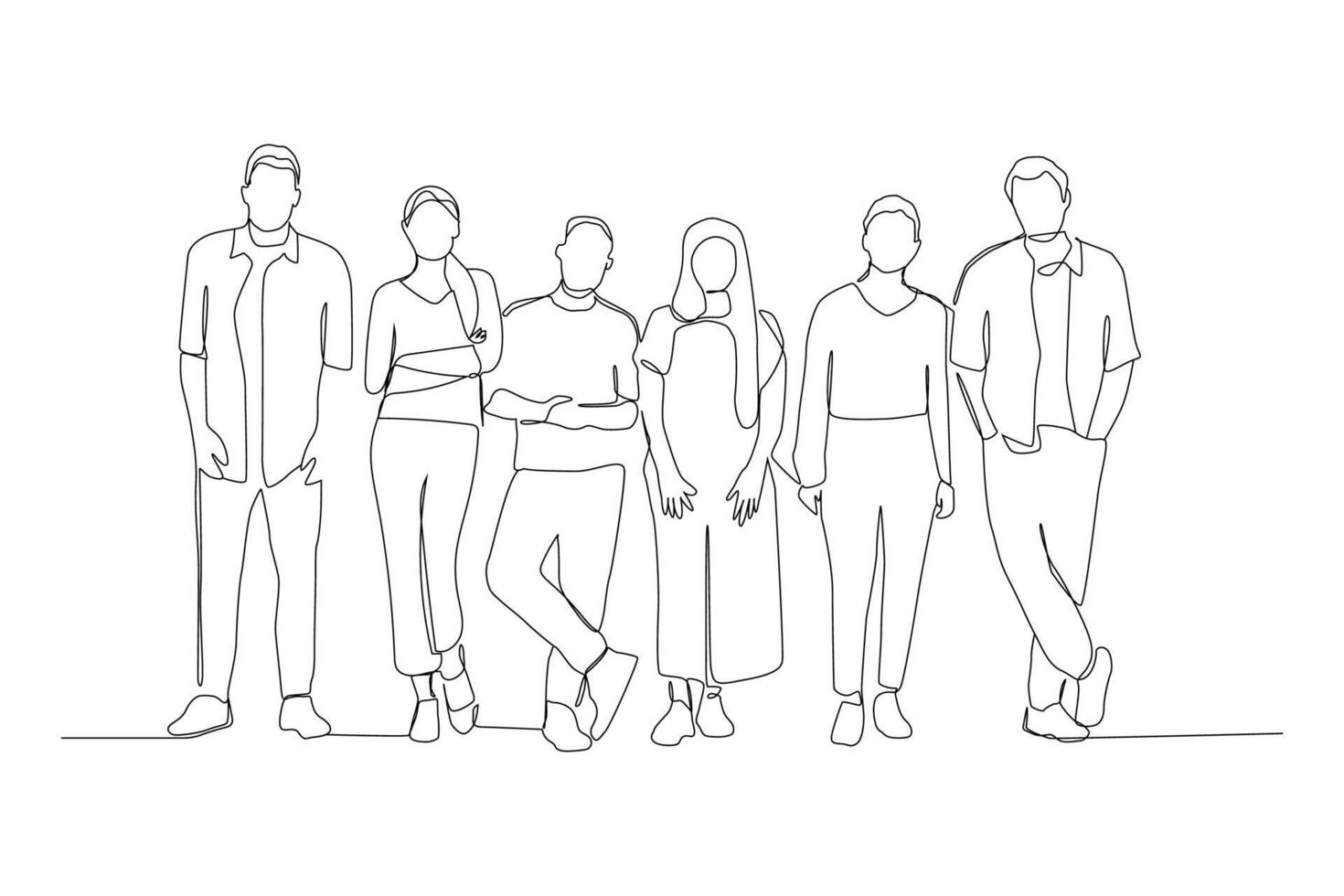 Continuous one line art of group of men and women standing together showing their friendship. vector