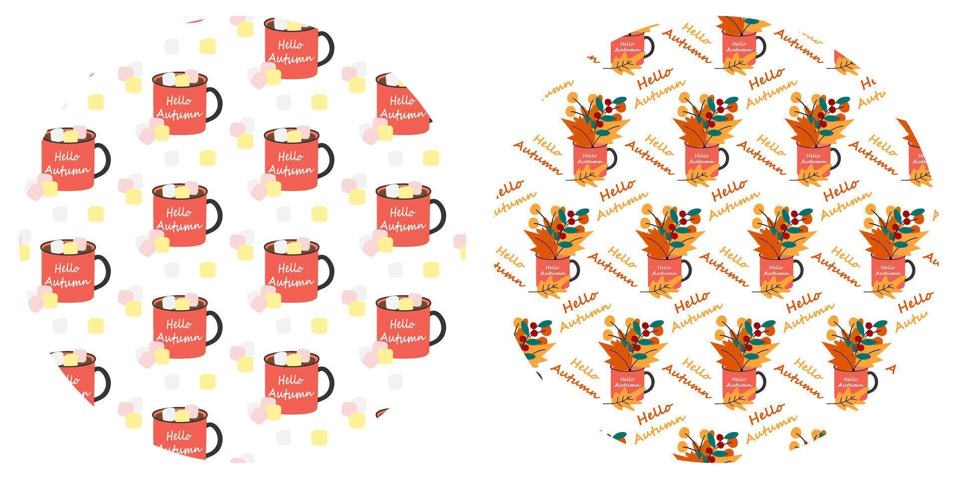Hello Autumn text Mug Marshmallow cubes and Autumn leaves bouquet Circular Background Texture idea. illustration Greening Thanksgiving cards, wedding invitation, seasonal print leaflet, banner vector