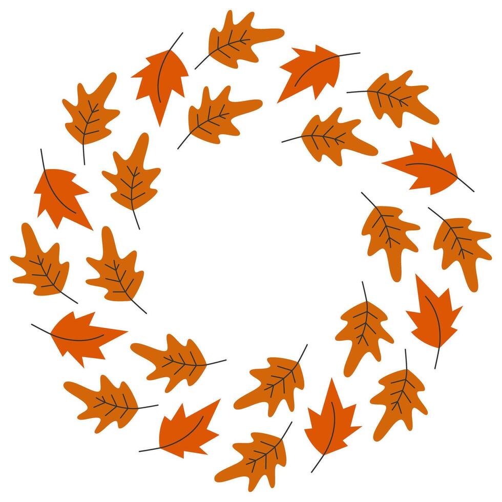 Oak Maple leaves Circular Frame border Monochrome Fall orange shades Autumn Copy space Template idea. Isolated illustration Festive Greeting Cards, poster, leaflets, label or web promo banners vector