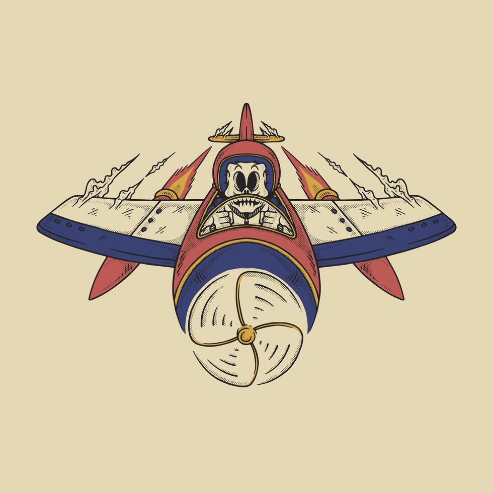 Retro Skeleton Mascot Riding Military Warplane vector