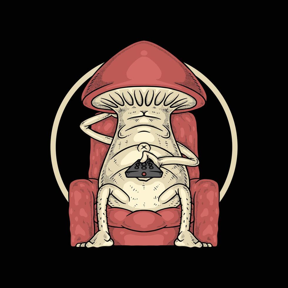 Red Mushroom Mascot Sitting on Couch with TV Remote Retro Style vector
