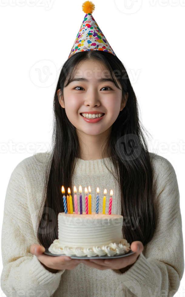 A woman holding a birthday cake with lit candles png