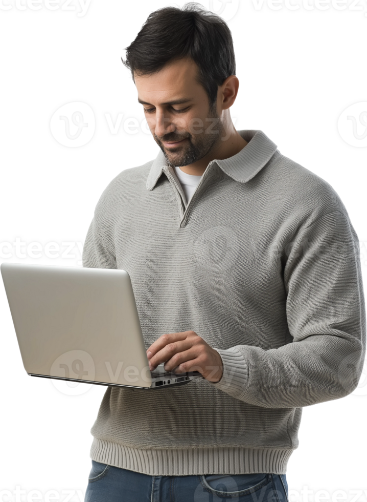 A man in a sweater is using a laptop png