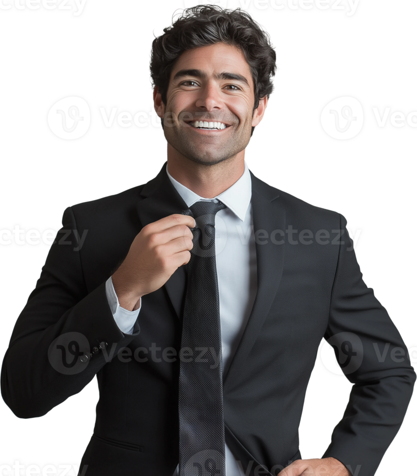 A man in a suit is smiling and adjusting his tie png