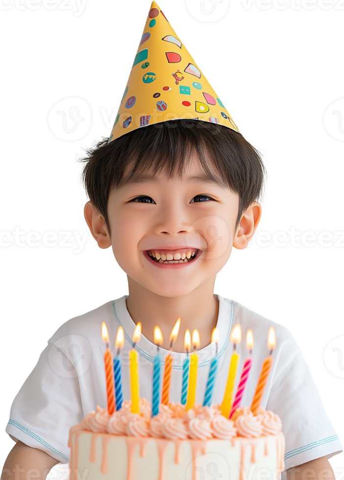 A boy wearing a party hat is sitting in front of a cake png