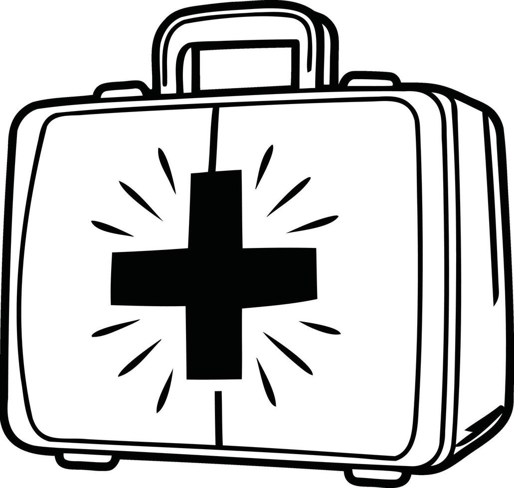 Black and white illustration of first aid kit with cross symbol in minimal medical emergency health care line art style vector