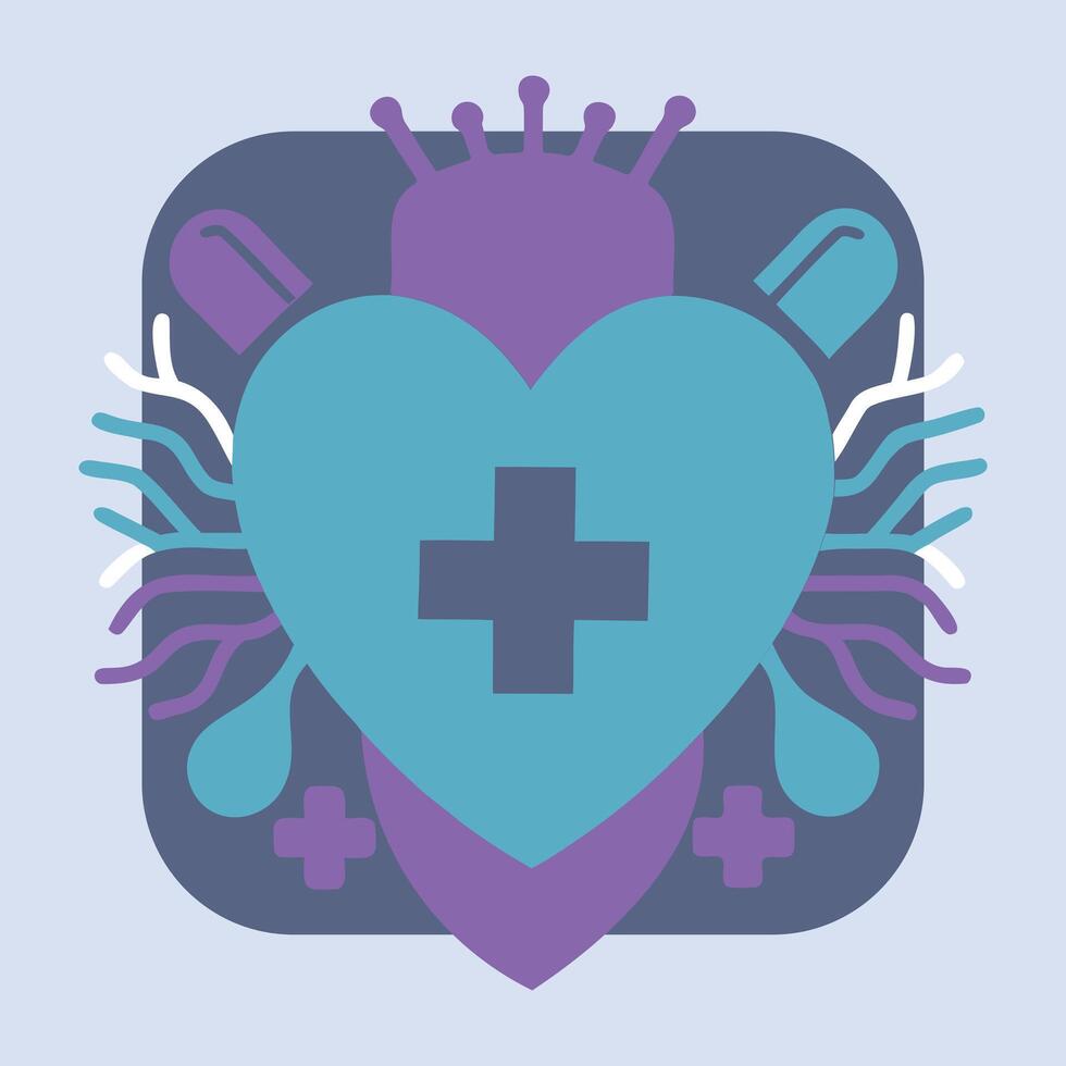 Blue and purple medical icon with heart and cross in modern flat design representing healthcare and wellness vector