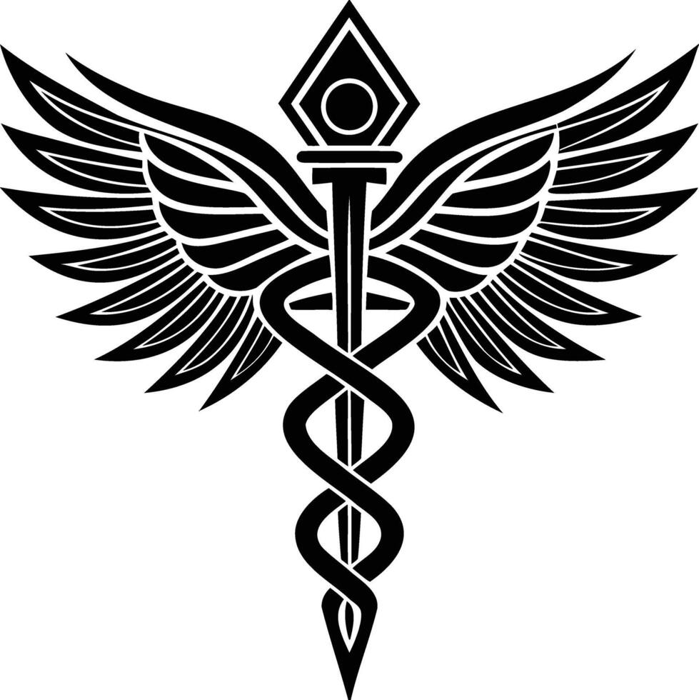 Black silhouette illustration of caduceus medical symbol with wings and serpent in bold graphic style vector