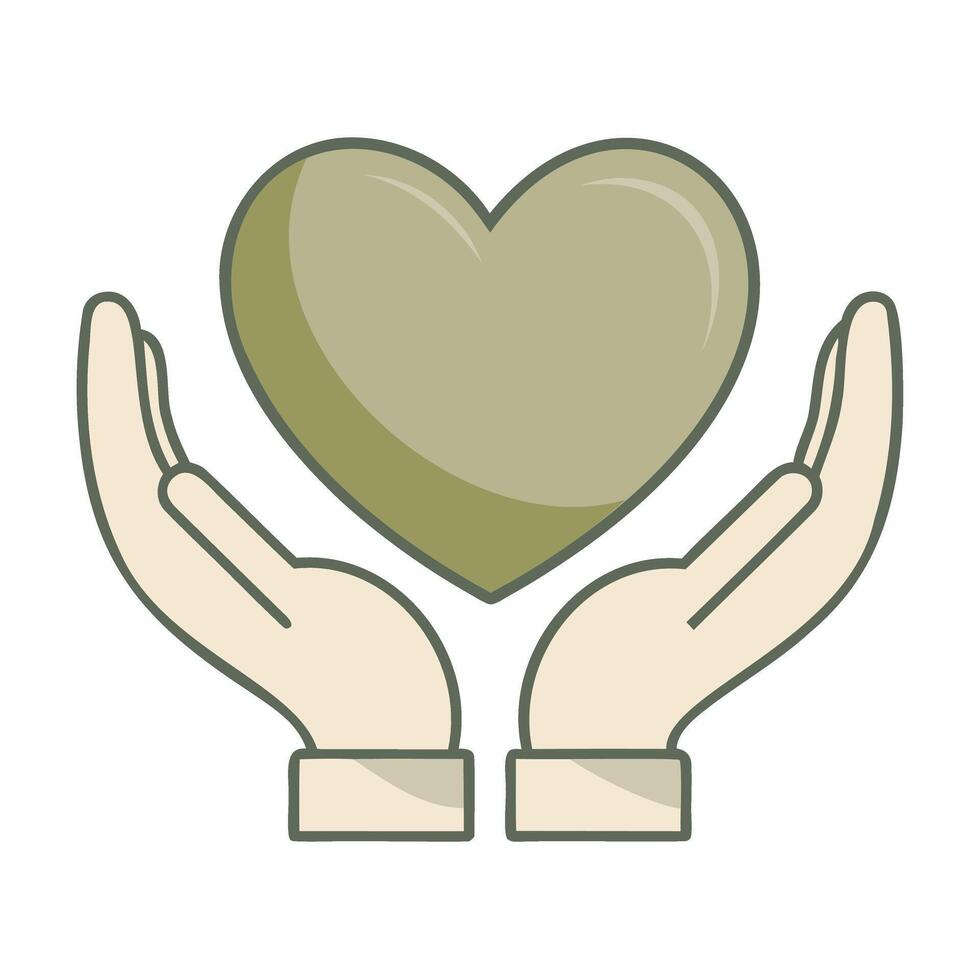 Flat illustration of hands holding green heart symbol in pastel colors representing care love and compassion in minimal soft style with health and wellness concept vector