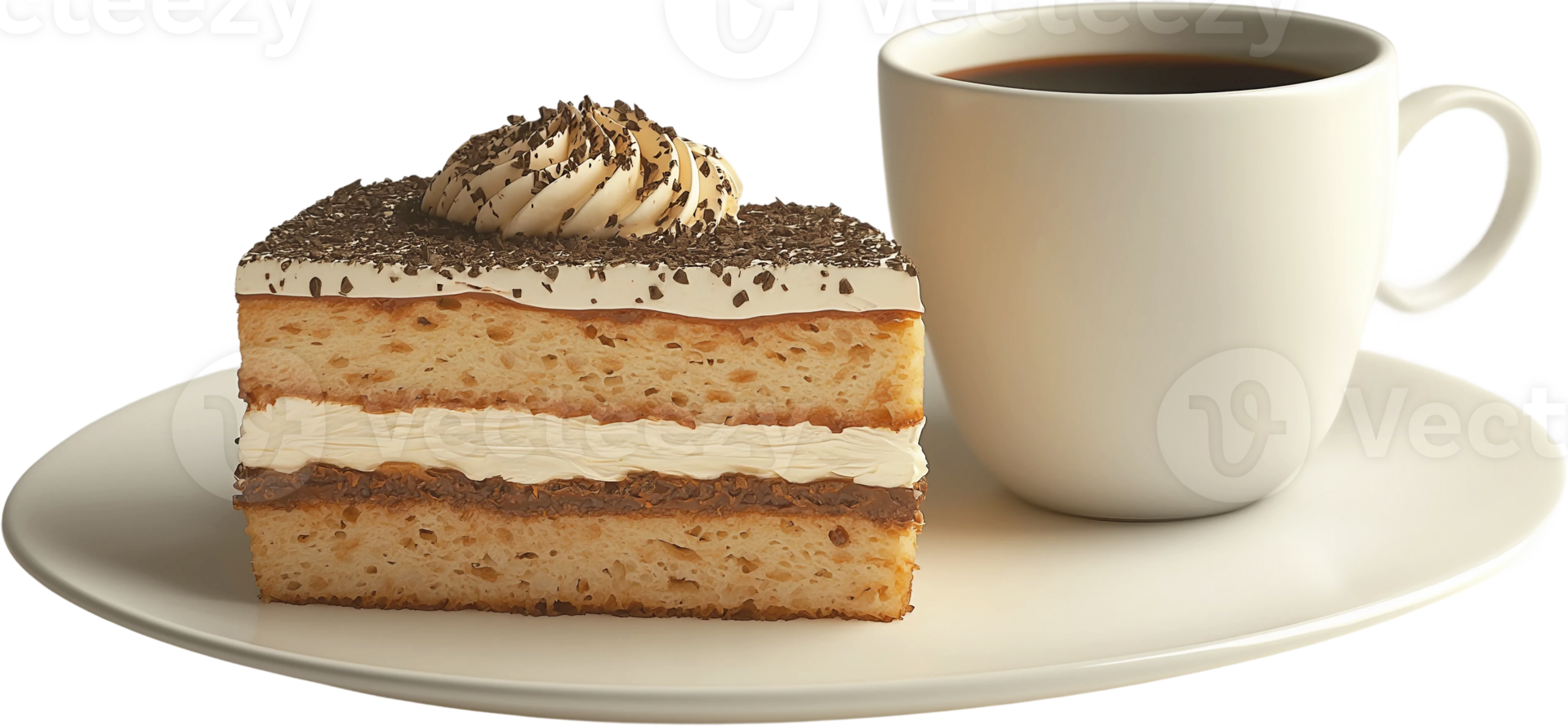 A slice of cake and a cup of coffee on a plate png