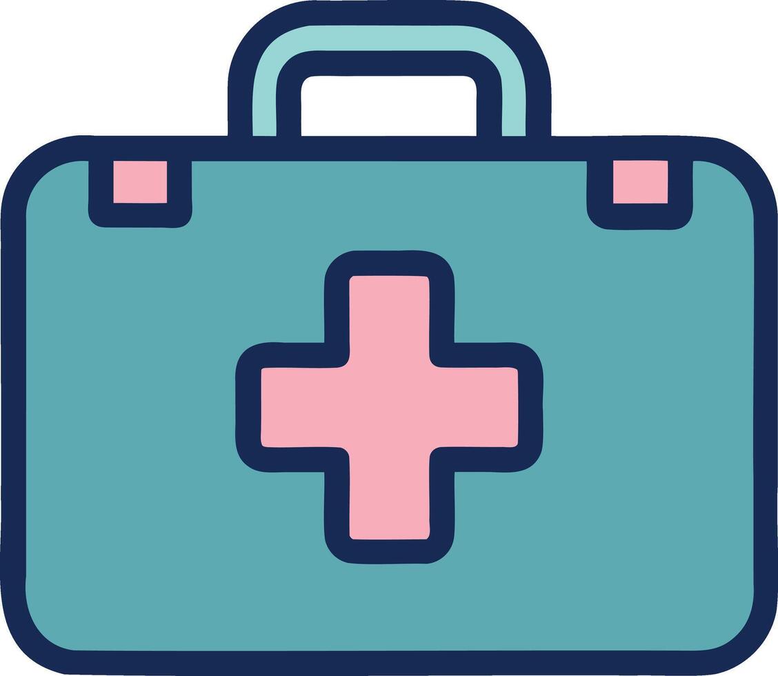 Teal and pink cartoon illustration of first aid kit with cross symbol in flat minimal healthcare emergency medical icon design style vector