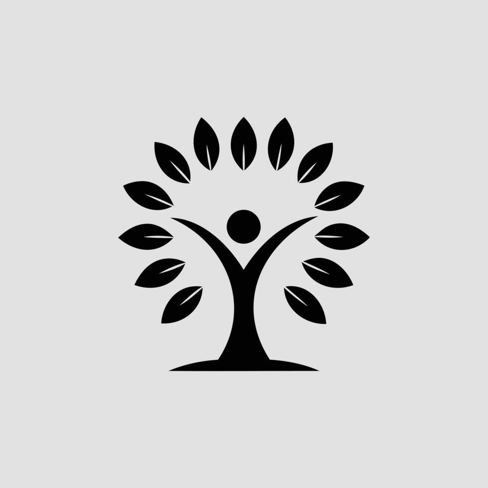 Minimal black icon silhouette of person tree with circular leaves canopy symbolizing nature growth wellness vector