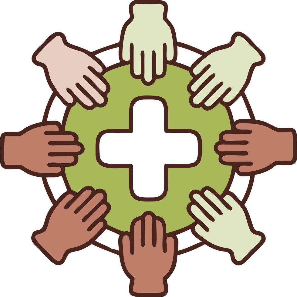 Flat overhead illustration of brown hands forming circle around green health cross symbol vector