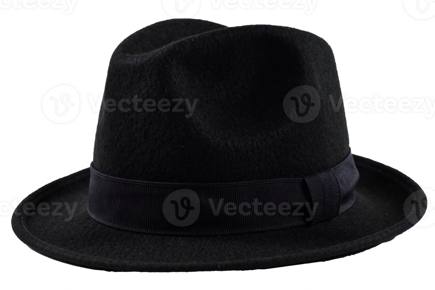 Classic black fedora hat with grosgrain ribbon band on transparent background, elegant men's vintage style headwear, formal fashion accessory, isolated stylish black felt hat png