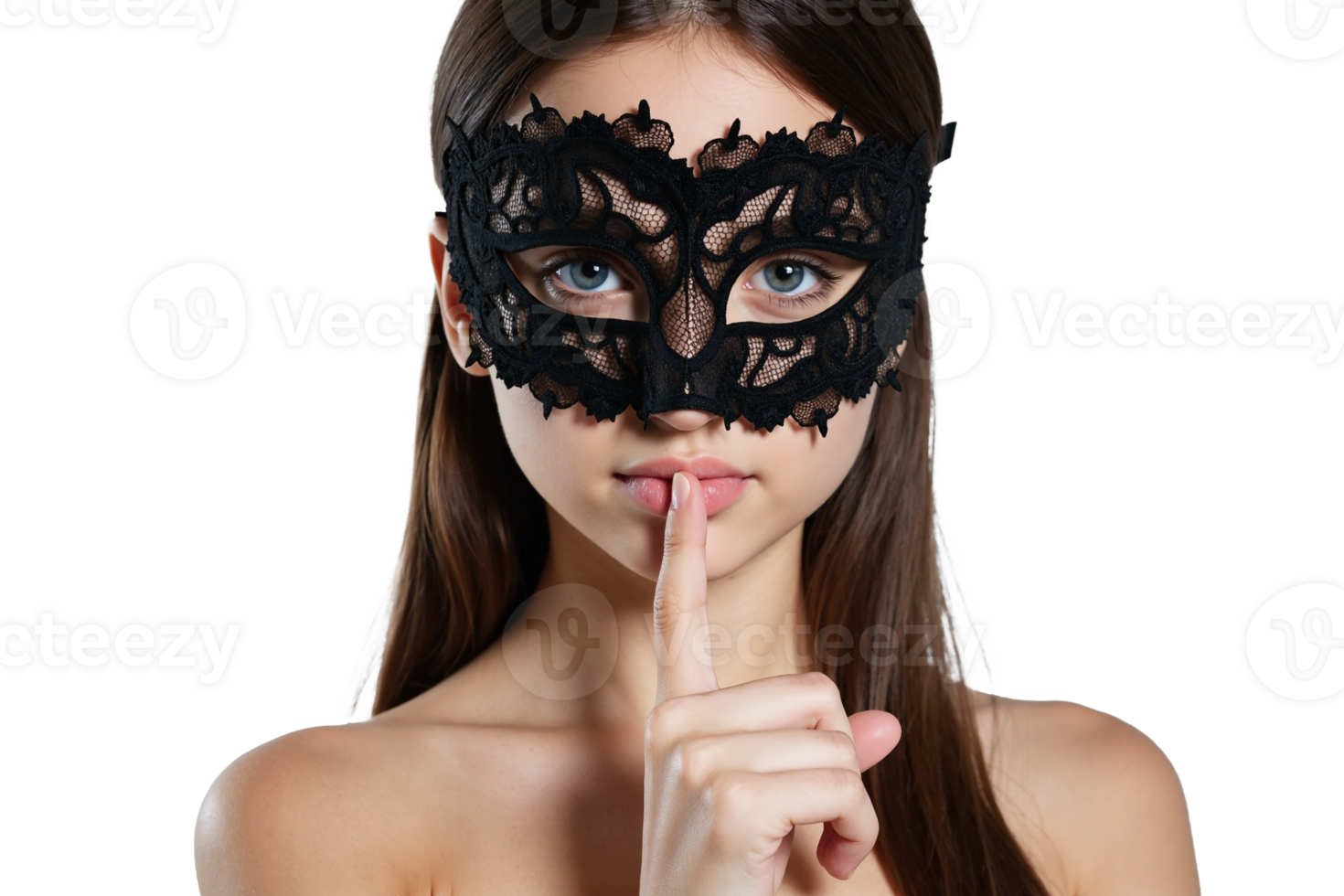 Woman wearing elegant black lace masquerade mask on transparent background, mysterious female with finger on lips gesturing silence, decorative Venetian-style face mask for costume parties png