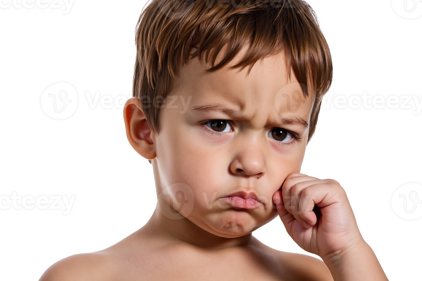 Pouting young boy with frown on transparent background, child with sad expression holding finger near mouth, isolated portrait of upset toddler showing disappointment and displeasure png