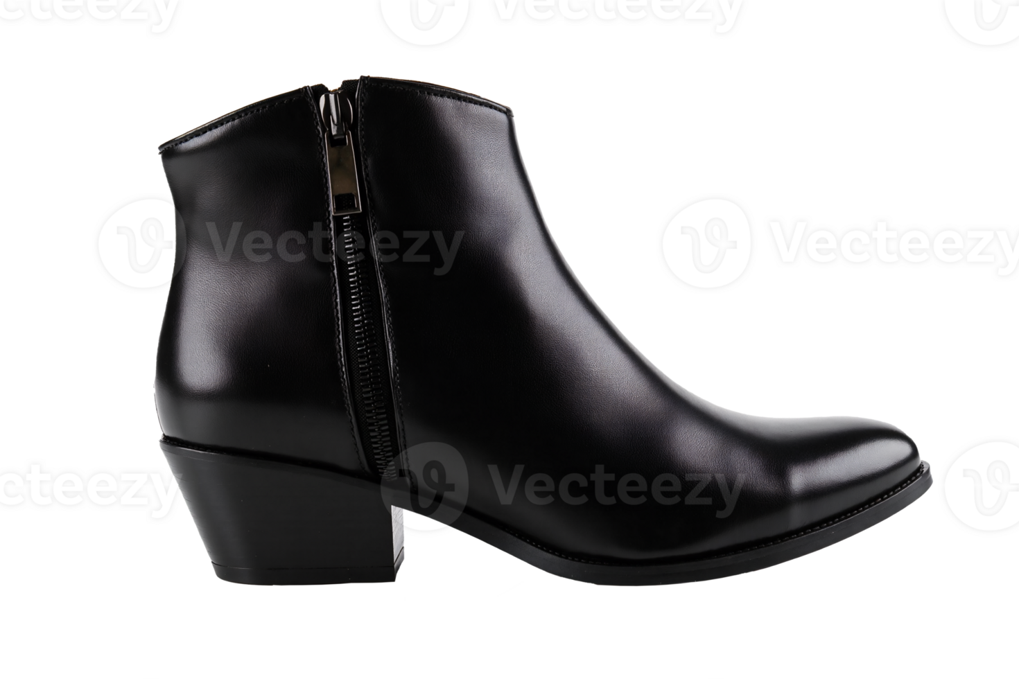 Sleek black leather ankle boot with side zipper on transparent background, stylish women's footwear with pointed toe and chunky heel, modern minimalist fashion boot in glossy finish png
