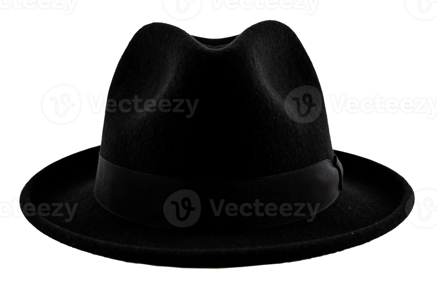 Classic black fedora hat on transparent background, elegant men's formal headwear with satin ribbon band, vintage-inspired fashion accessory with pinched crown and wide brim png