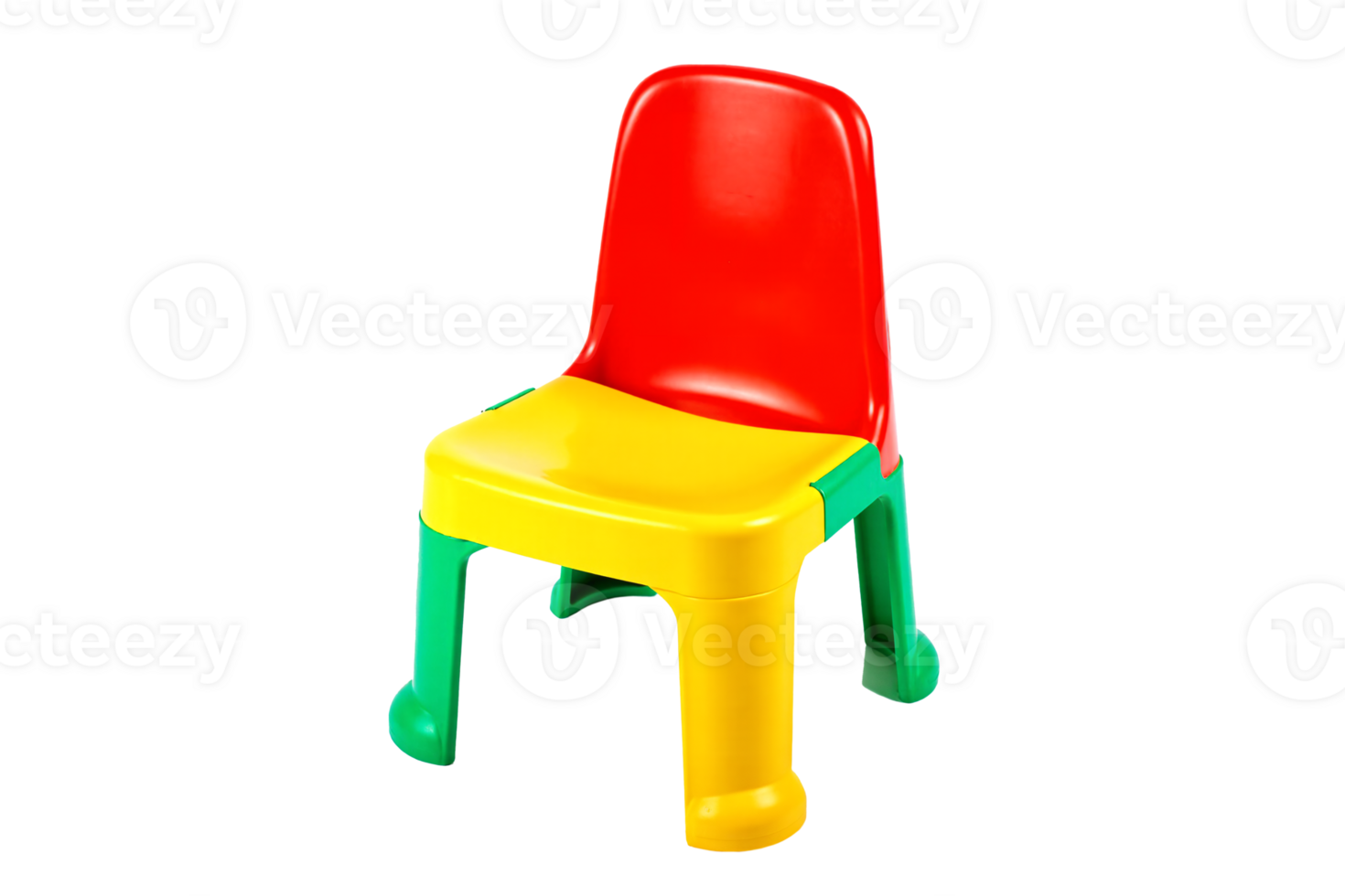 Vibrant multicolored plastic children's chair on transparent background, small toddler seat with red backrest, yellow seat and green legs, isolated preschool furniture, colors kids' stool png