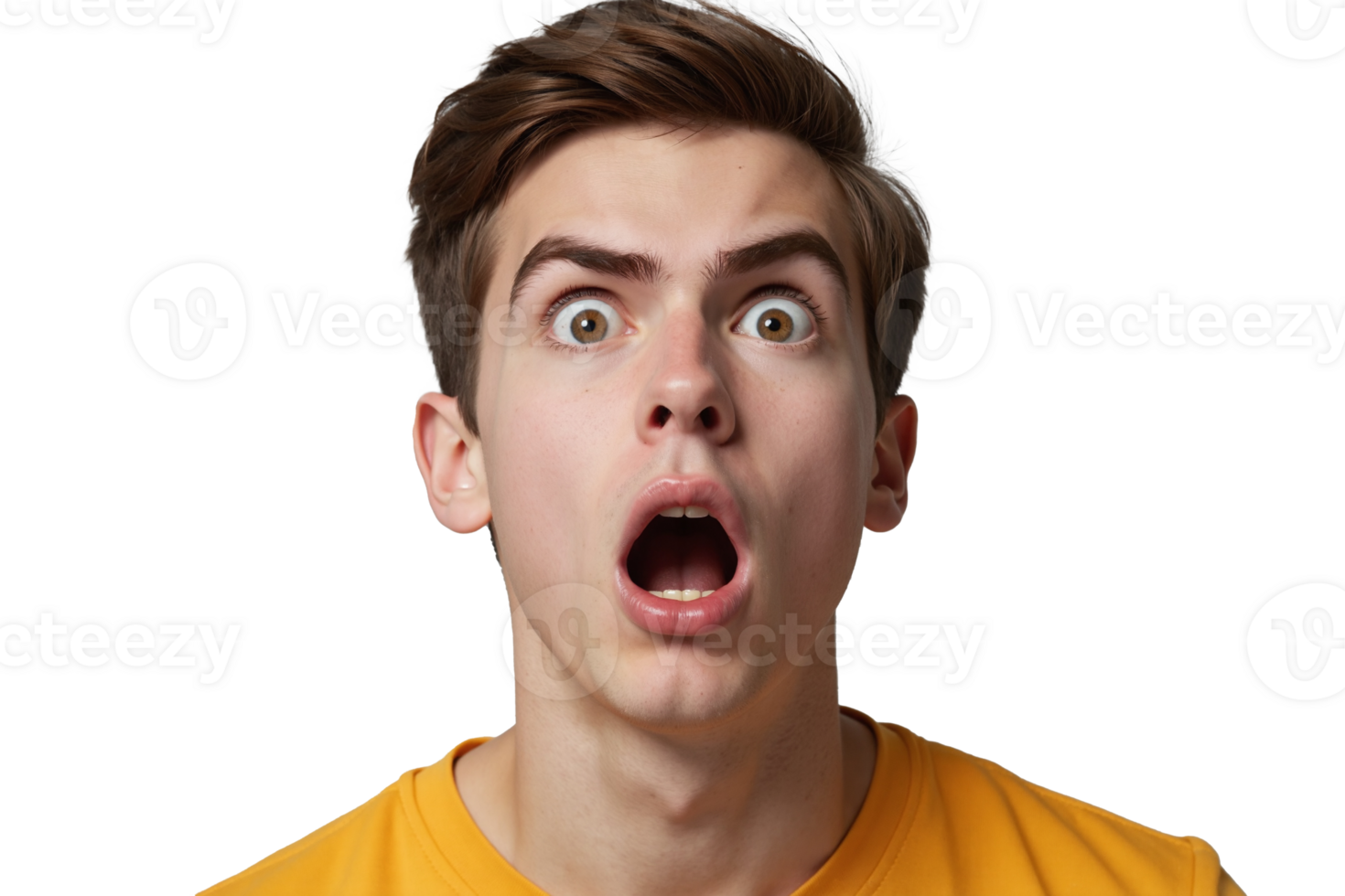 Young man with shocked expression on transparent background, wide-eyed male in yellow t-shirt with mouth open in surprise, genuine human reaction of astonishment, isolated portrait png