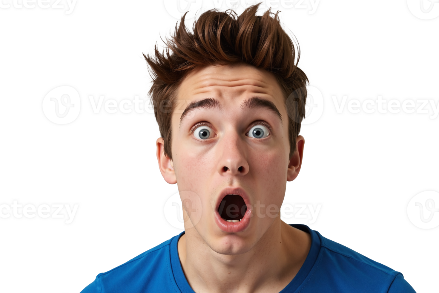 Young man with dramatic shocked expression on transparent background, close-up portrait of surprised male with brown spiky hair wearing blue shirt, exaggerated facial reaction of astonishment png