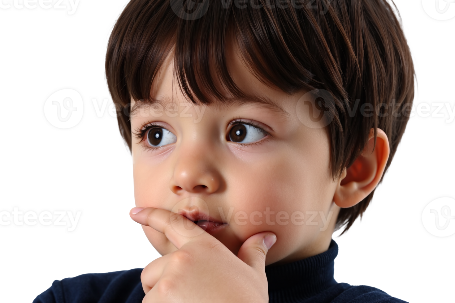 Thoughtful Young Boy with Hand on Chin in Contemplative Pose on Transparent Background png
