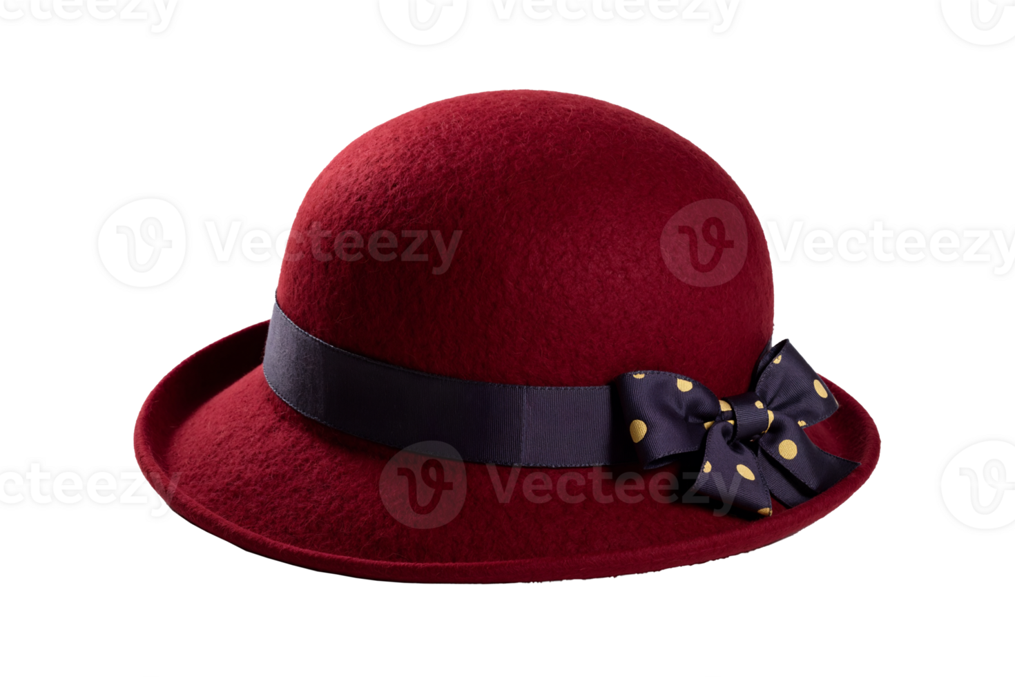 Elegant Red Felt Cloche Hat with Navy Ribbon and Decorative Bow on Transparent Background png