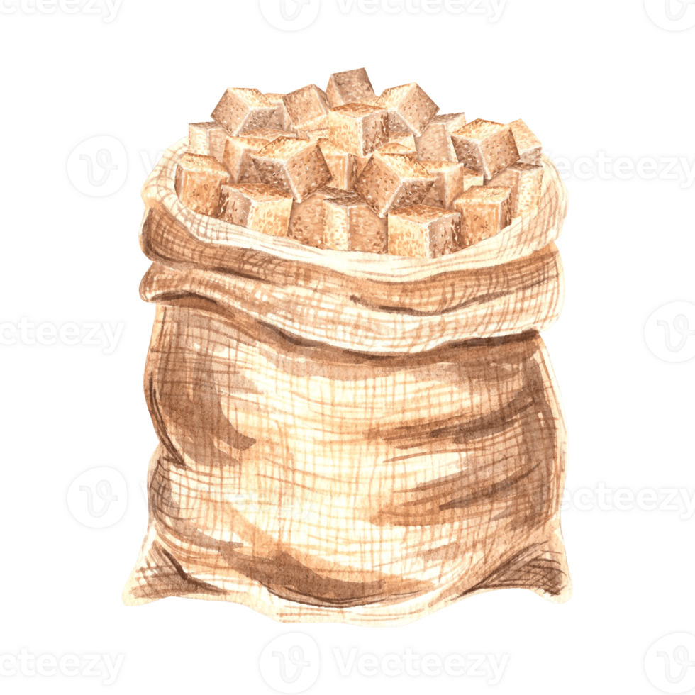 Brown sugar cubes in canvas bag watercolor illustration isolated. Jute sack with product of sugar cane processing. Hand drawn ingredient for cooking. Paintin clipart for foood design in scetch style. png