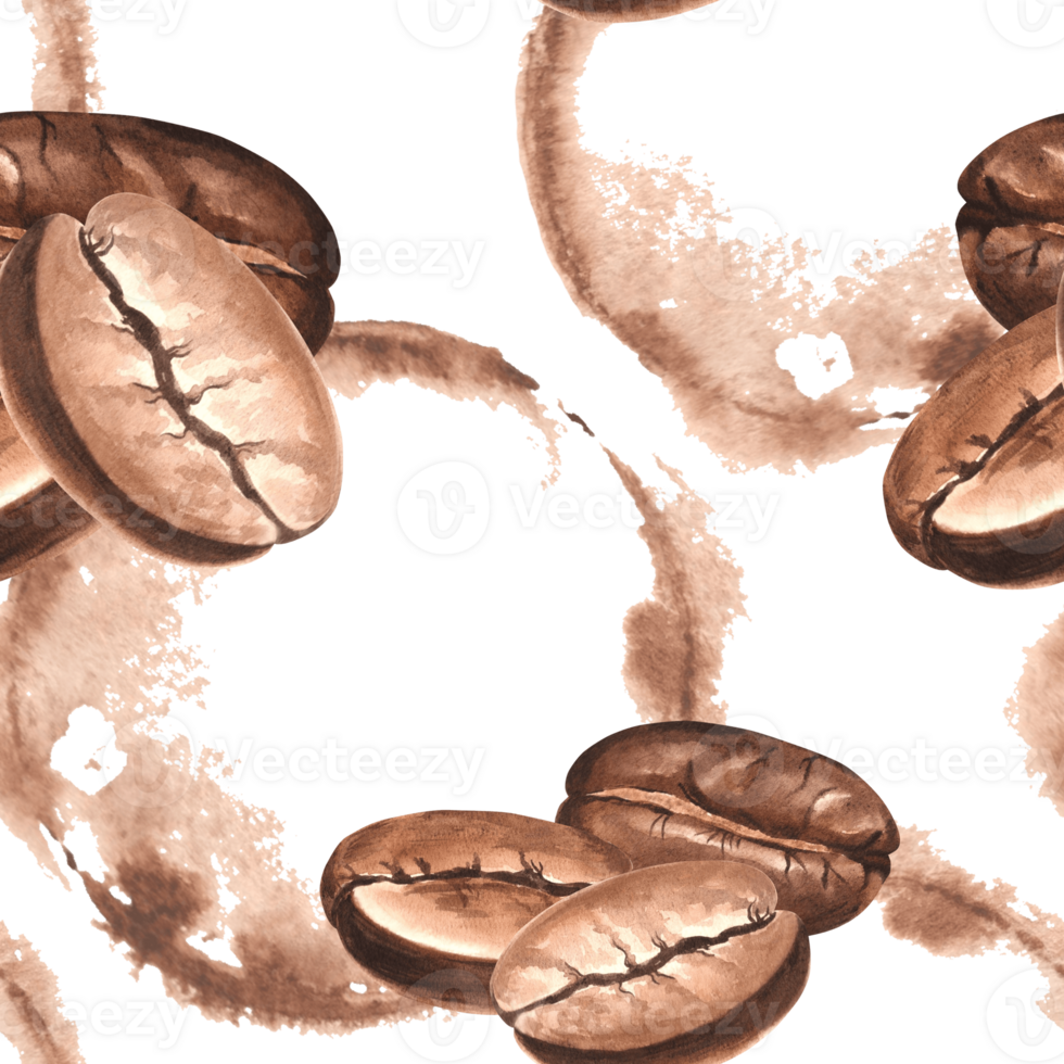 Roasted coffee beansand splashes. Seamless pattern. Watercolor hand drawn illustration. Arabica sort ingredient for aromatic invigorating drink. Template for food design, wallpaper, textile, packaging png