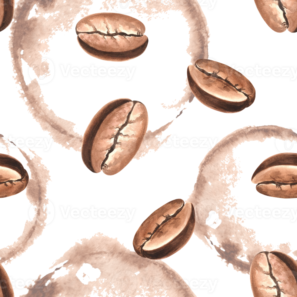 Roasted coffee beans and paint staines. Seamless pattern. Watercolor hand drawn illustration. Ingredient for aromatic invigorating drink. Template for food design, wallpaper, textile, packaging. png