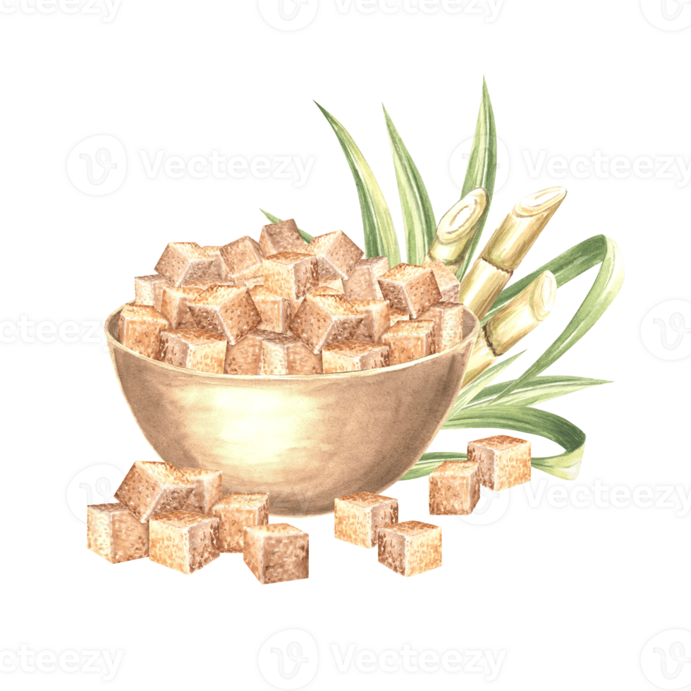 Brown sugar cubes in bowl and cut cane stalks watercolor illustration isolated. Sugar cane stems with leaves. Hand drawn natural sweet ingredient for cooking. Clipart for food design in sketch style. png