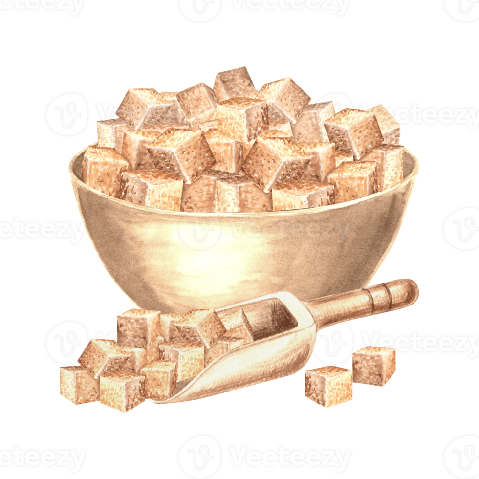 Brown sugar cubes in wodden bowl and scoop watercolor illustration isolated. Product of sugar cane processing. Hand drawn natural sweet ingredient for cooking. Clipart for food design in sketch style. png