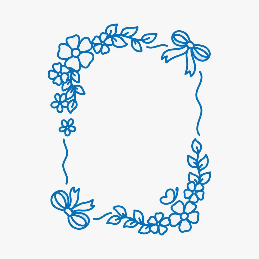 Coquette frame of blue bows, flowers, leaves, butterflies. Spring or summer border. Vintage whimsical background for greeting cards, wedding, invitations, social media vector