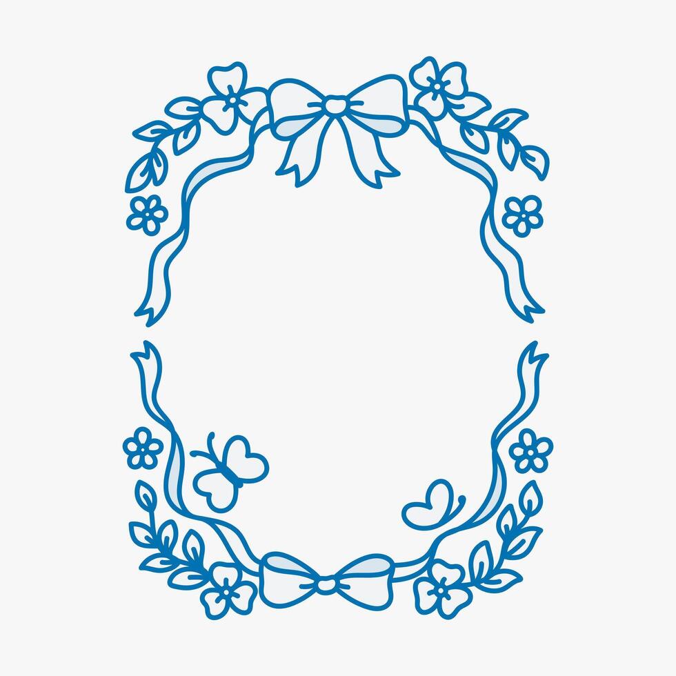 Spring or summer frame of coquette blue bows, flowers, leaves, butterflies. Hand drawn ribbons border. Vintage whimsical background for greeting cards, wedding, invitations, social media vector